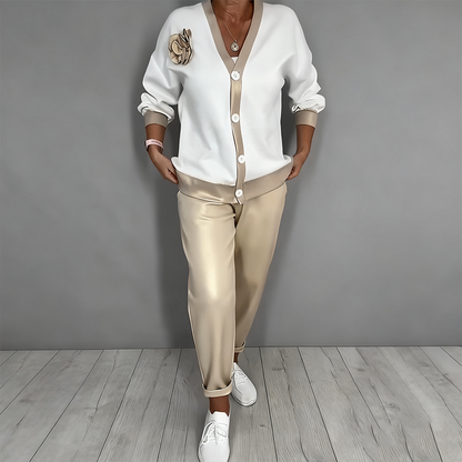 Damen Freizeit-V-Ausschnitt-Oberteil und Hose mit hoher Taille, 2-teiliges Set
