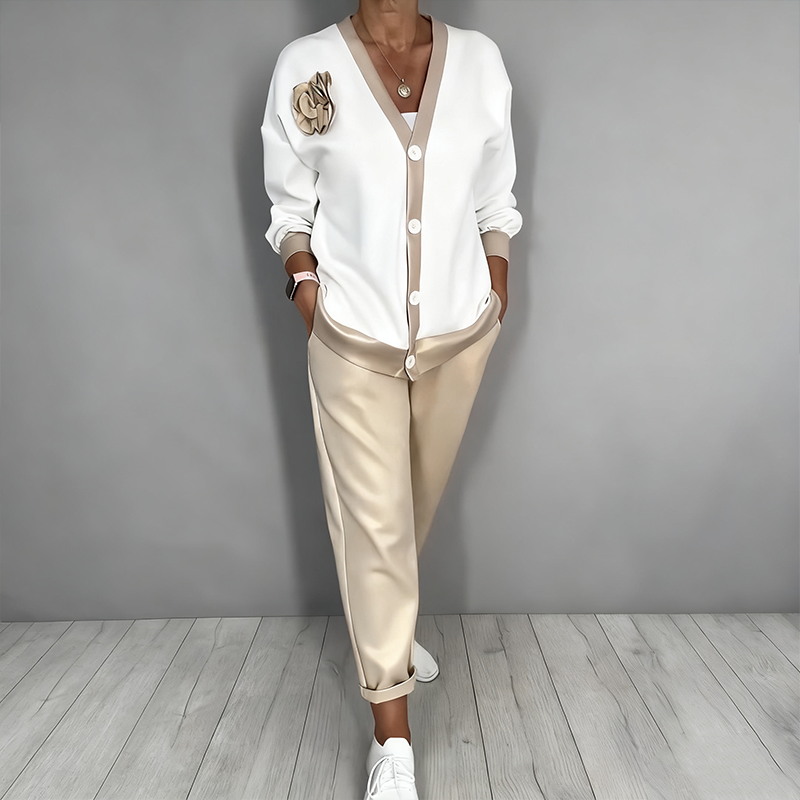Women’s Casual V-Neck Top & High Waist Pants 2-Piece Set - Seldom Seen Styles