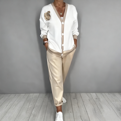 Damen Freizeit-V-Ausschnitt-Oberteil und Hose mit hoher Taille, 2-teiliges Set