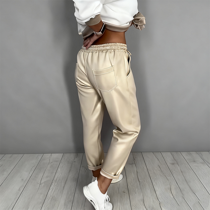 Damen Freizeit-V-Ausschnitt-Oberteil und Hose mit hoher Taille, 2-teiliges Set