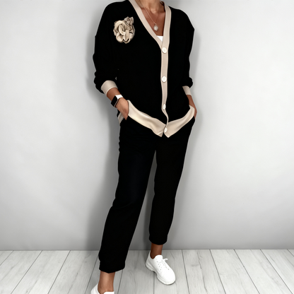 Damen Freizeit-V-Ausschnitt-Oberteil und Hose mit hoher Taille, 2-teiliges Set