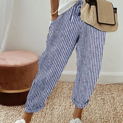Pantalon Capri Palazzo décontracté à rayures verticales pour femme, taille haute élastique, jambes larges, avec poches
