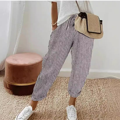 Pantalon Capri Palazzo décontracté à rayures verticales pour femme, taille haute élastique, jambes larges, avec poches