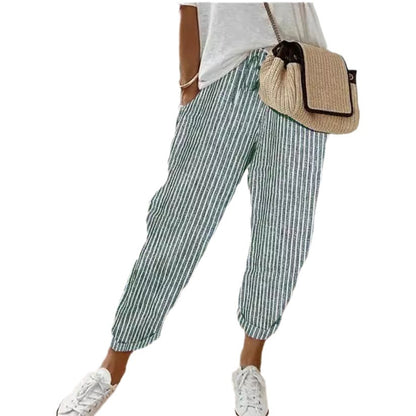 Pantalon Capri Palazzo décontracté à rayures verticales pour femme, taille haute élastique, jambes larges, avec poches