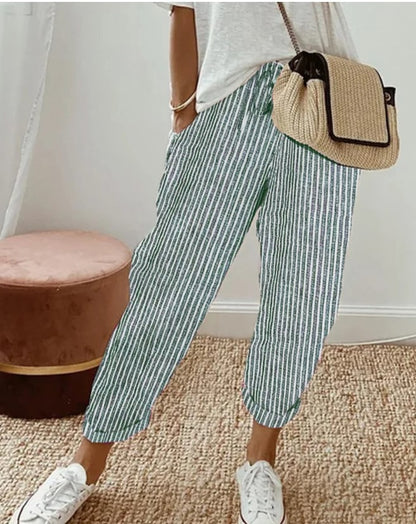 Pantalon Capri Palazzo décontracté à rayures verticales pour femme, taille haute élastique, jambes larges, avec poches