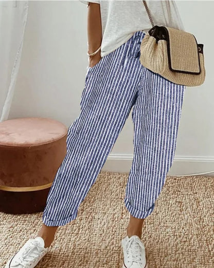 Pantalon Capri Palazzo décontracté à rayures verticales pour femme, taille haute élastique, jambes larges, avec poches