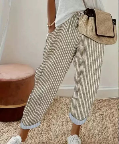 Pantalon Capri Palazzo décontracté à rayures verticales pour femme, taille haute élastique, jambes larges, avec poches