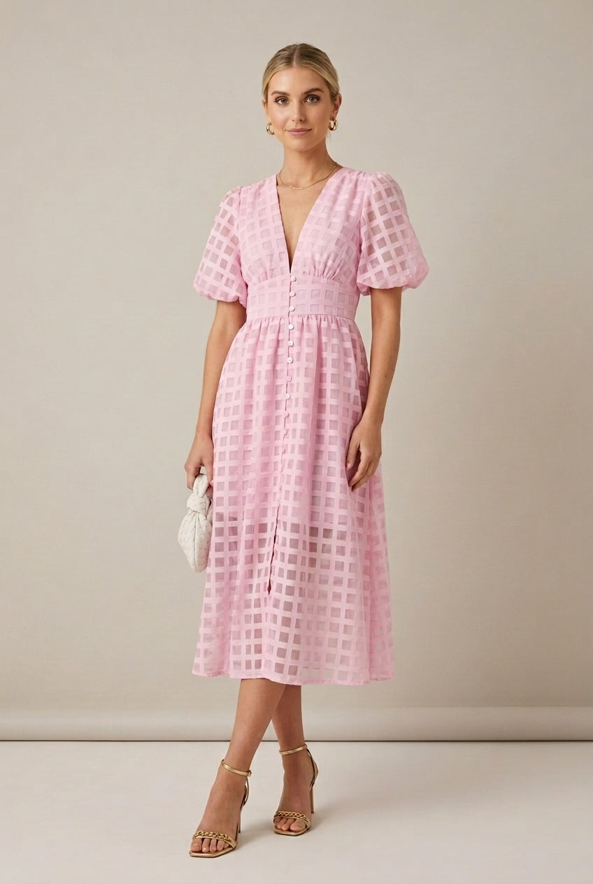 Women's Checkered Puff Sleeve V-Neck Midi Dress - Seldom Seen Styles