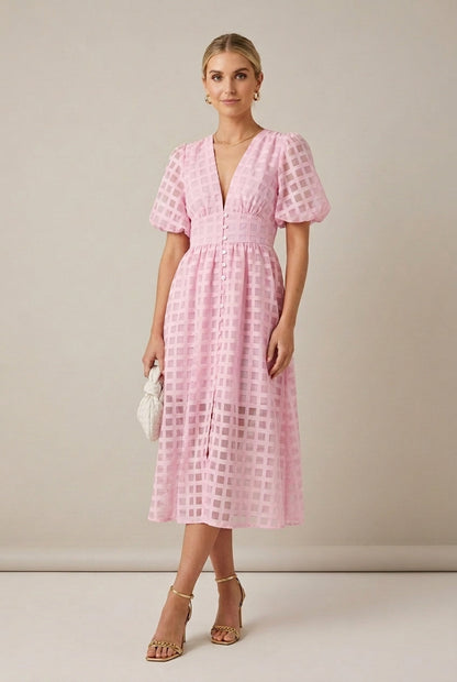 Women's Checkered Puff Sleeve V-Neck Midi Dress