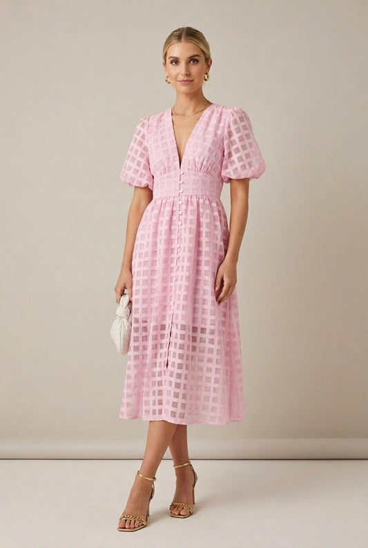 Women's Checkered Puff Sleeve V-Neck Midi Dress - Seldom Seen Styles