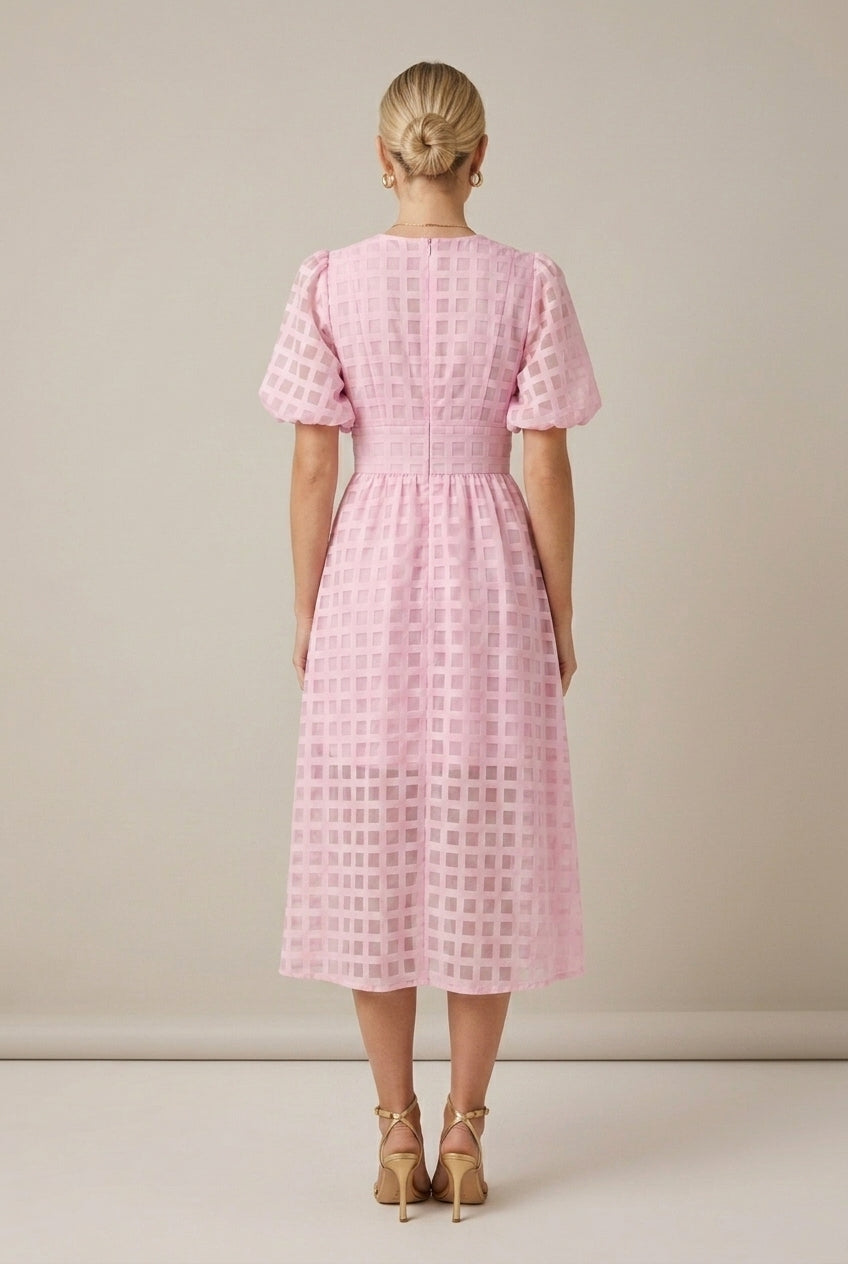 Women's Checkered Puff Sleeve V-Neck Midi Dress - Seldom Seen Styles