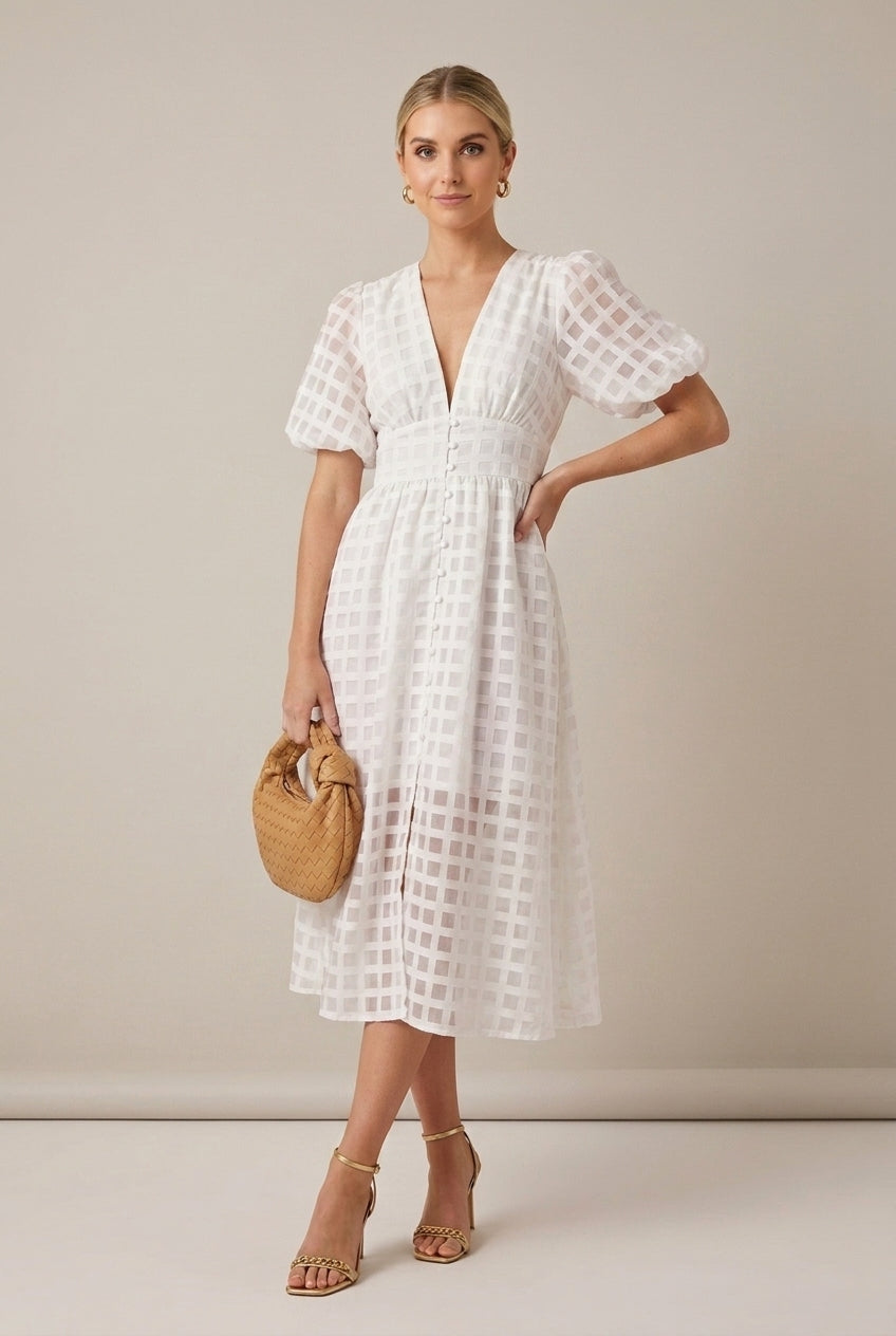 Women's Checkered Puff Sleeve V-Neck Midi Dress - Seldom Seen Styles