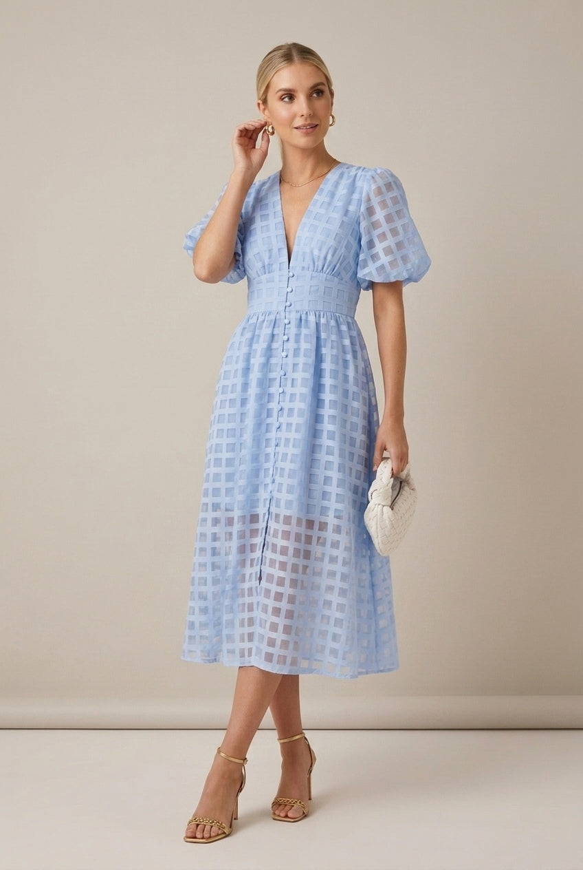 Women's Checkered Puff Sleeve V-Neck Midi Dress - Seldom Seen Styles