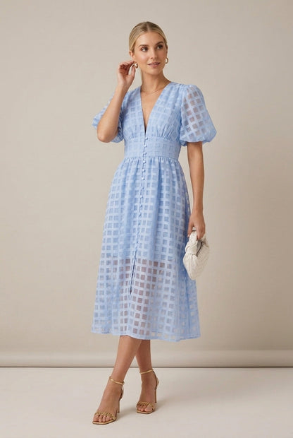 Women's Checkered Puff Sleeve V-Neck Midi Dress