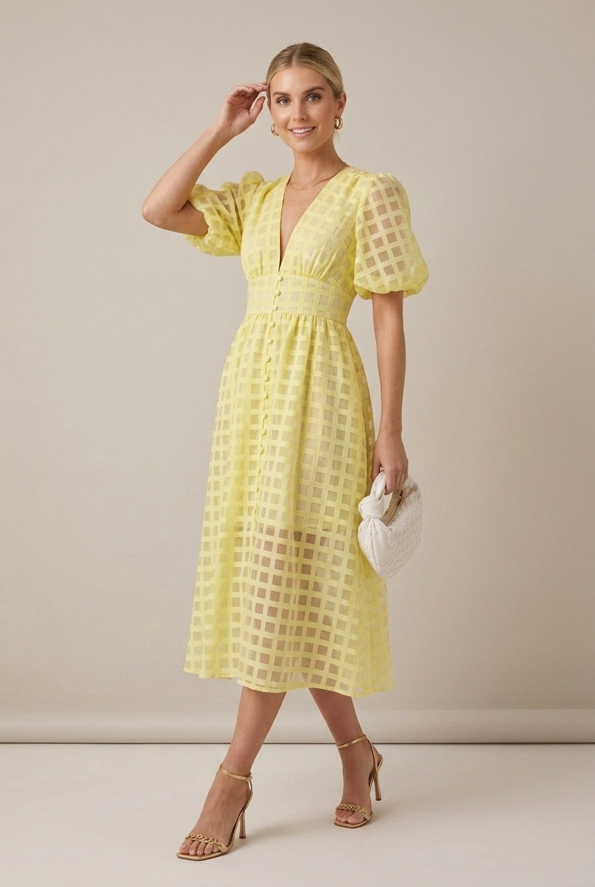 Women's Checkered Puff Sleeve V-Neck Midi Dress - Seldom Seen Styles