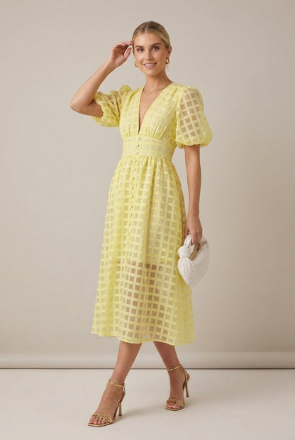 Women's Checkered Puff Sleeve V-Neck Midi Dress