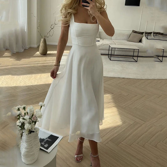 Women's Chic Flattering Long Midi Wedding Guest Dress with Square Neckline - Seldom Seen Styles