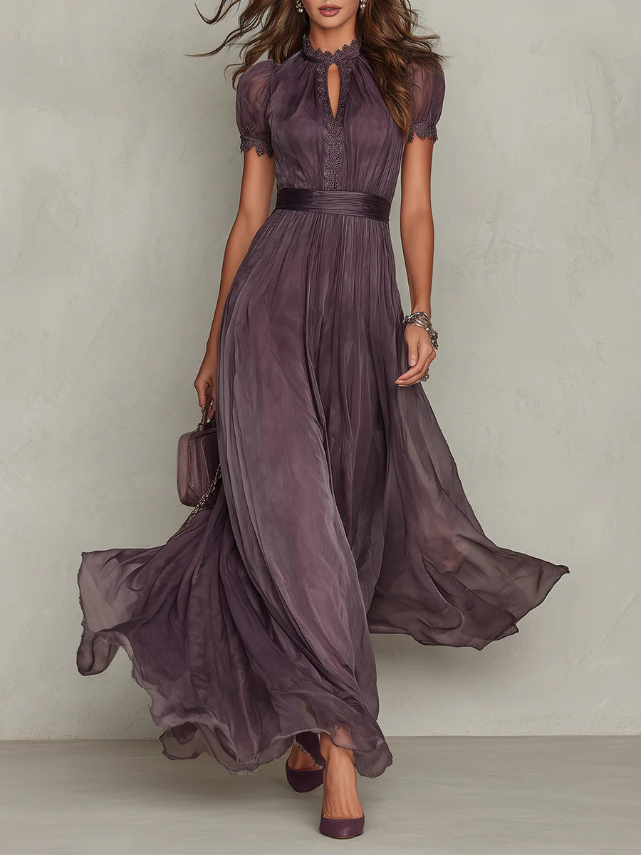 Women's Chiffon Maxi Dress Elegant High Waist Flowy Short Sleeve Formal Evening Dress - Seldom Seen Styles