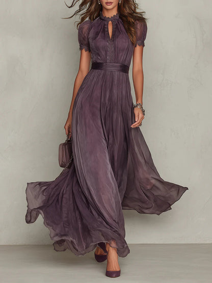 Women's Chiffon Maxi Dress Elegant High Waist Flowy Short Sleeve Formal Evening Dress
