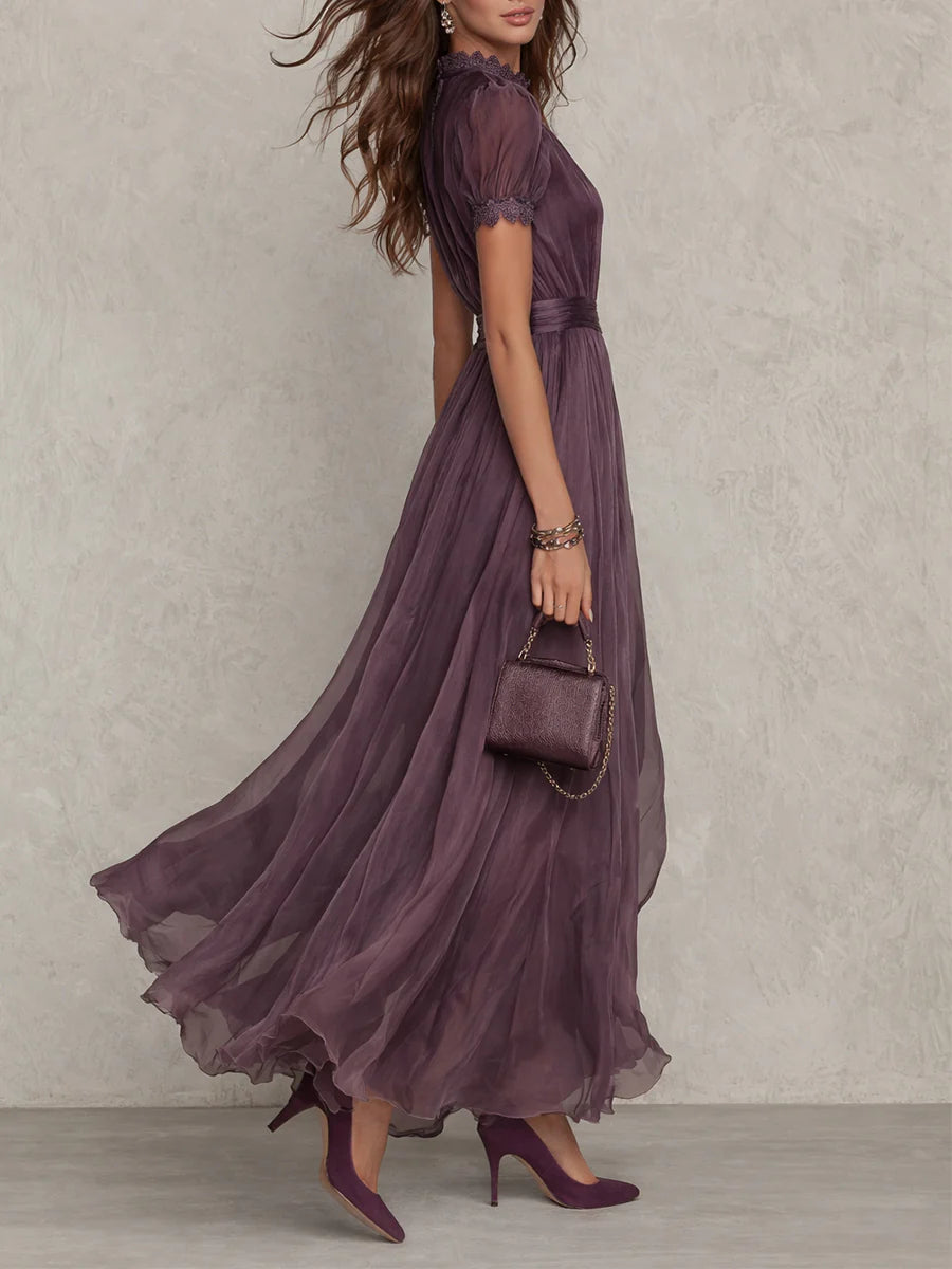 Women's Chiffon Maxi Dress Elegant High Waist Flowy Short Sleeve Formal Evening Dress - Seldom Seen Styles