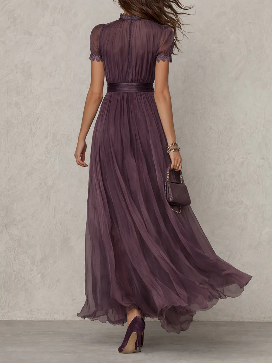 Women's Chiffon Maxi Dress Elegant High Waist Flowy Short Sleeve Formal Evening Dress - Seldom Seen Styles