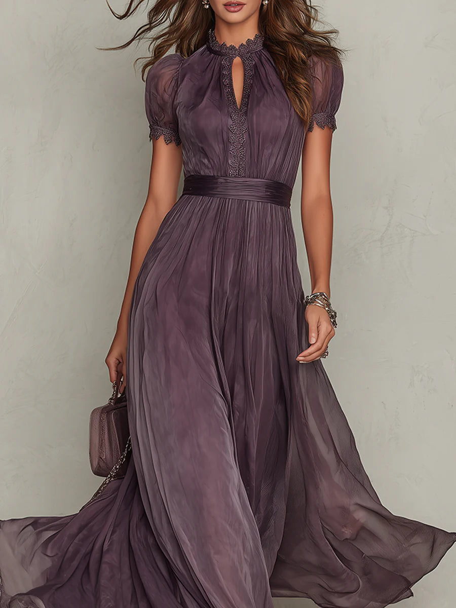Women's Chiffon Maxi Dress Elegant High Waist Flowy Short Sleeve Formal Evening Dress - Seldom Seen Styles