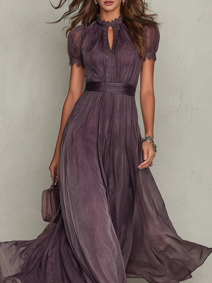 Women's Chiffon Maxi Dress Elegant High Waist Flowy Short Sleeve Formal Evening Dress