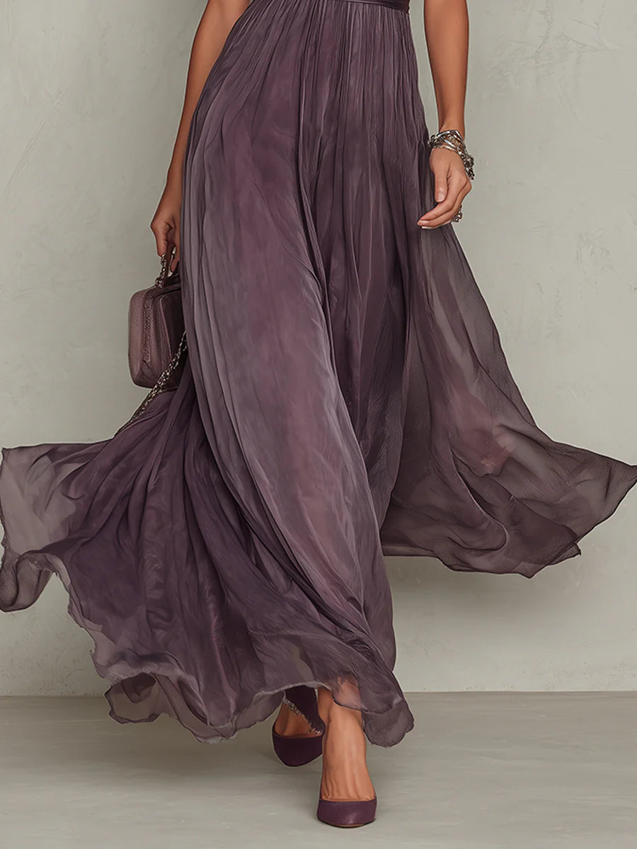 Women's Chiffon Maxi Dress Elegant High Waist Flowy Short Sleeve Formal Evening Dress - Seldom Seen Styles