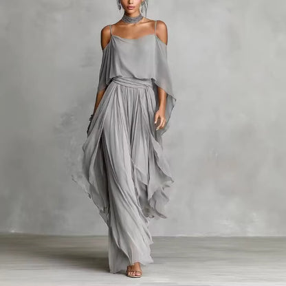 Women's Chiffon Two Piece Set Off Shoulder Cape Top and Wide Leg Pants Elegant Evening Outfit Formal Occasion Set