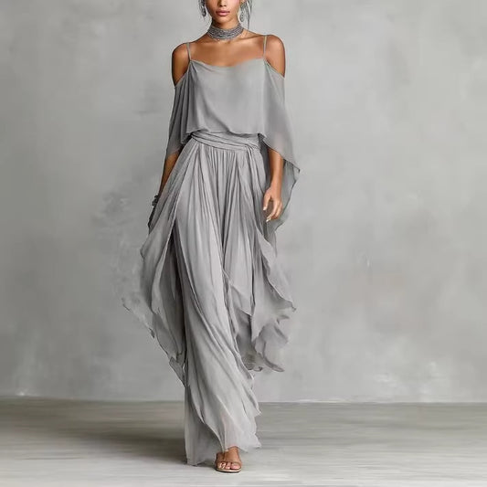 Women's Chiffon Two Piece Set Off Shoulder Cape Top and Wide Leg Pants Elegant Evening Outfit Formal Occasion Set - Seldom Seen Styles