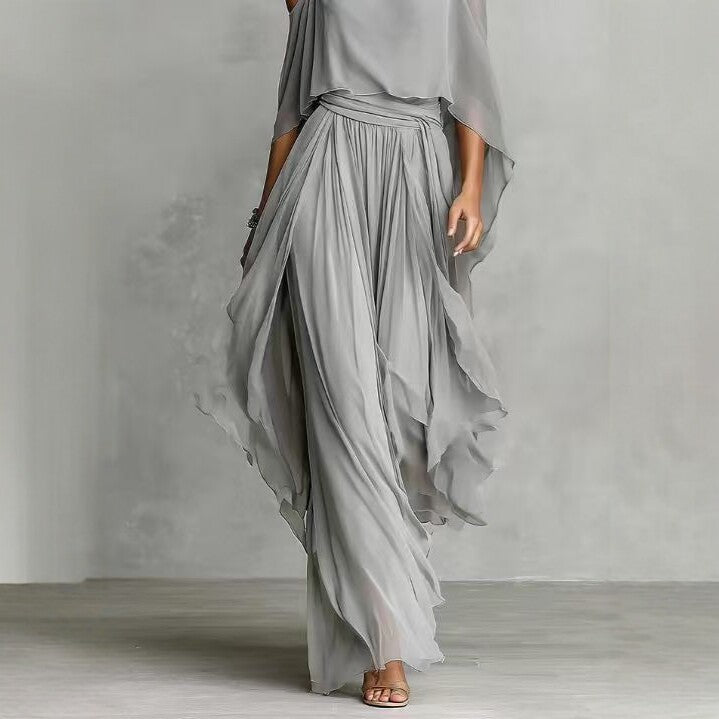 Women's Chiffon Two Piece Set Off Shoulder Cape Top and Wide Leg Pants Elegant Evening Outfit Formal Occasion Set - Seldom Seen Styles