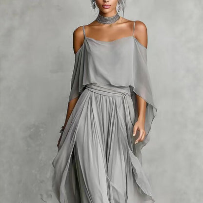 Women's Chiffon Two Piece Set Off Shoulder Cape Top and Wide Leg Pants Elegant Evening Outfit Formal Occasion Set