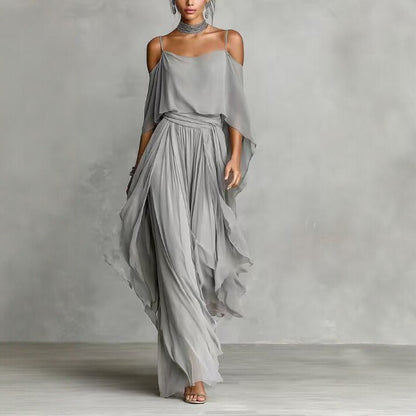 Women's Chiffon Two Piece Set Off Shoulder Cape Top and Wide Leg Pants Elegant Evening Outfit Formal Occasion Set