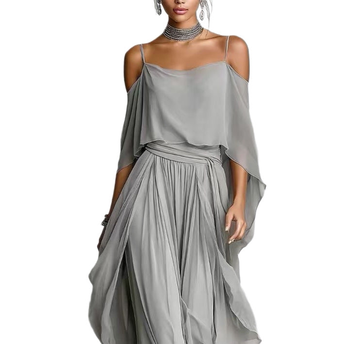 Women's Chiffon Two Piece Set Off Shoulder Cape Top and Wide Leg Pants Elegant Evening Outfit Formal Occasion Set - Seldom Seen Styles