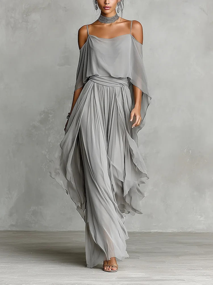 Women's Chiffon Two Piece Set Off Shoulder Cape Top and Wide Leg Pants Elegant Evening Outfit Formal Occasion Set - Seldom Seen Styles