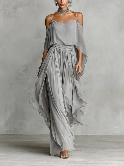 Women's Chiffon Two Piece Set Off Shoulder Cape Top and Wide Leg Pants Elegant Evening Outfit Formal Occasion Set