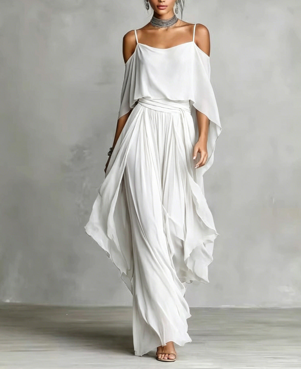 Women's Chiffon Two Piece Set Off Shoulder Cape Top and Wide Leg Pants Elegant Evening Outfit Formal Occasion Set - Seldom Seen Styles