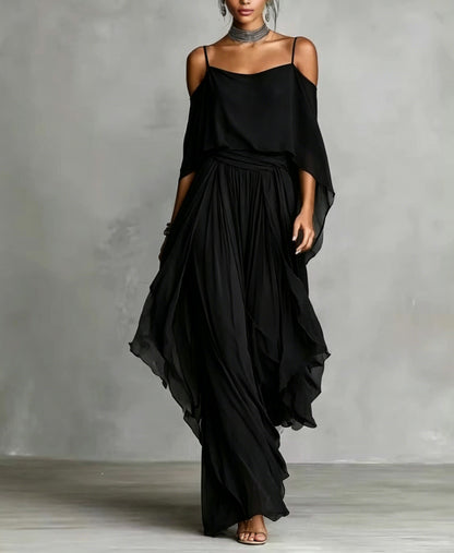 Women's Chiffon Two Piece Set Off Shoulder Cape Top and Wide Leg Pants Elegant Evening Outfit Formal Occasion Set