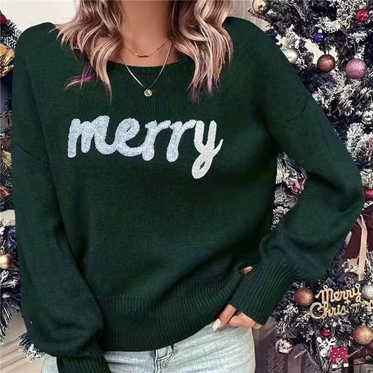 Women's Christmas Letter Patched Drop Shoulder Sweater, Casual Long Sleeve Round Neck Jumper for Daily Outdoor Wear, Women Knitwear for Fall - Seldom Seen Styles