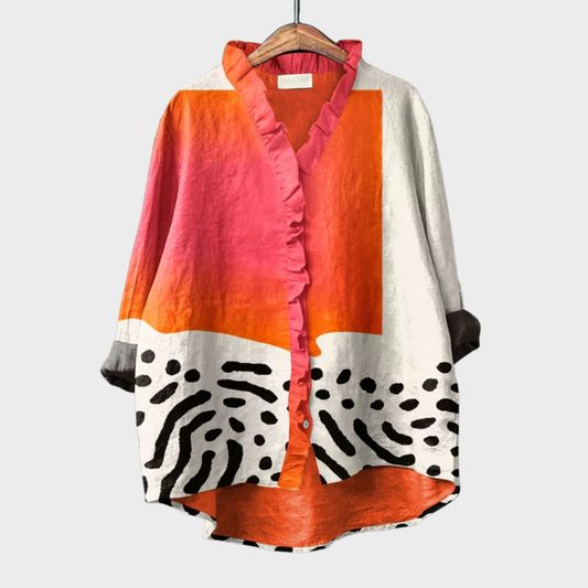 Women's Color Block Blouse Oversized Button Up Shirt Ruffle V Neck Casual Top - Seldom Seen Styles