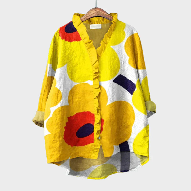 Women's Color Block Blouse Oversized Button Up Shirt Ruffle V Neck Casual Top - Seldom Seen Styles