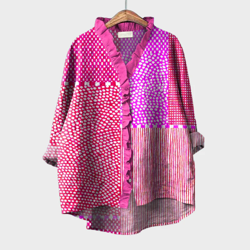 Women's Color Block Blouse Oversized Button Up Shirt Ruffle V Neck Casual Top - Seldom Seen Styles