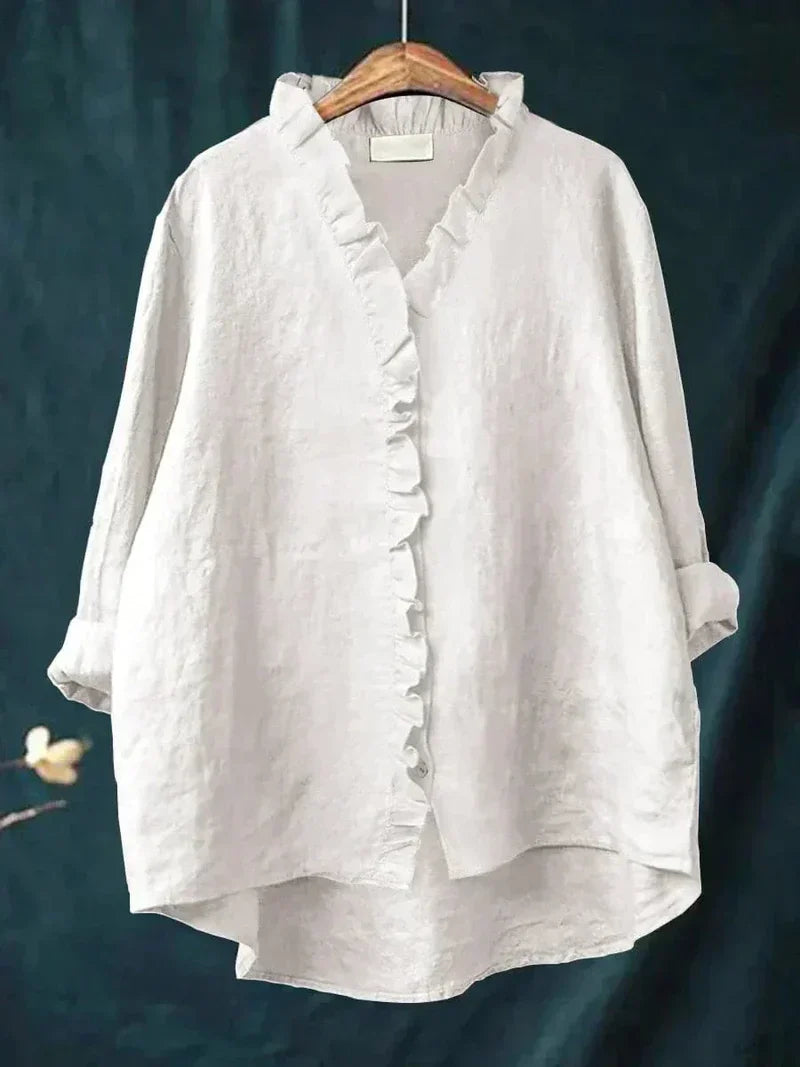 Women's Color Block Blouse Oversized Button Up Shirt Ruffle V Neck Casual Top - Seldom Seen Styles