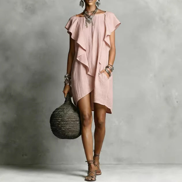 Women's Contrast Color Ruffle Edge Loose Dress Elegant Romantic Breathable Summer Casual Dress - Seldom Seen Styles