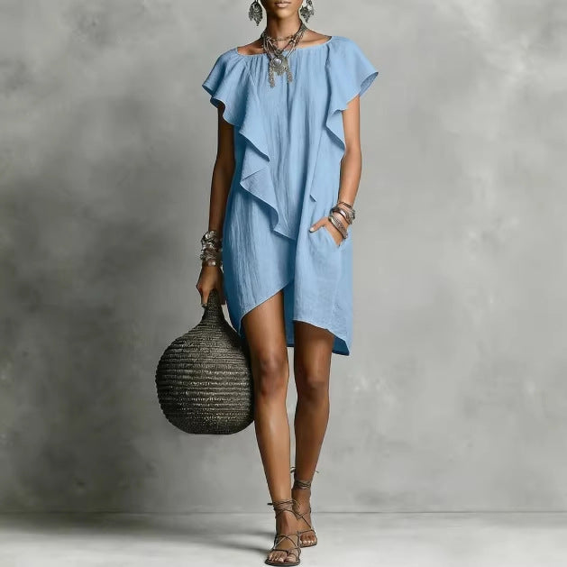 Women's Contrast Color Ruffle Edge Loose Dress Elegant Romantic Breathable Summer Casual Dress - Seldom Seen Styles