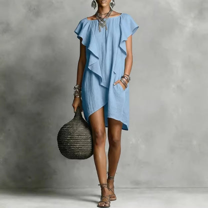 Women's Contrast Color Ruffle Edge Loose Dress Elegant Romantic Breathable Summer Casual Dress