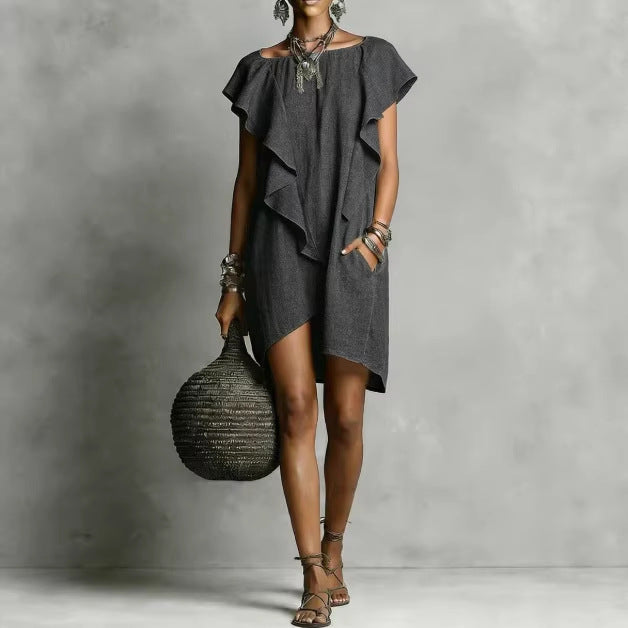 Women's Contrast Color Ruffle Edge Loose Dress Elegant Romantic Breathable Summer Casual Dress - Seldom Seen Styles