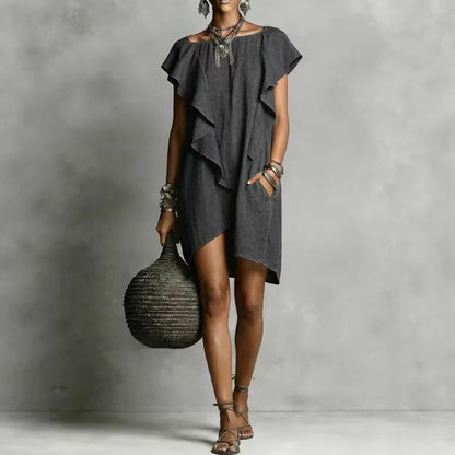 Women's Contrast Color Ruffle Edge Loose Dress Elegant Romantic Breathable Summer Casual Dress