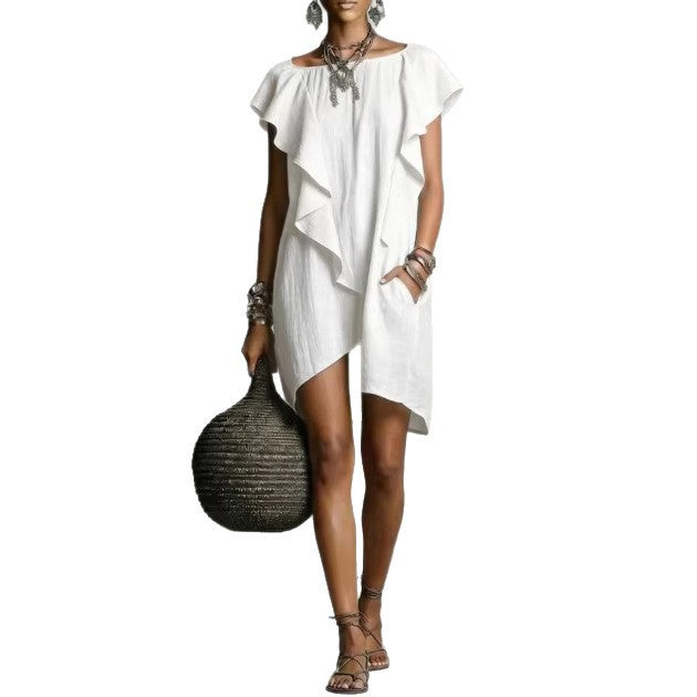 Women's Contrast Color Ruffle Edge Loose Dress Elegant Romantic Breathable Summer Casual Dress - Seldom Seen Styles