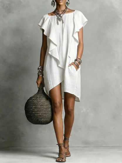 Women's Contrast Color Ruffle Edge Loose Dress Elegant Romantic Breathable Summer Casual Dress